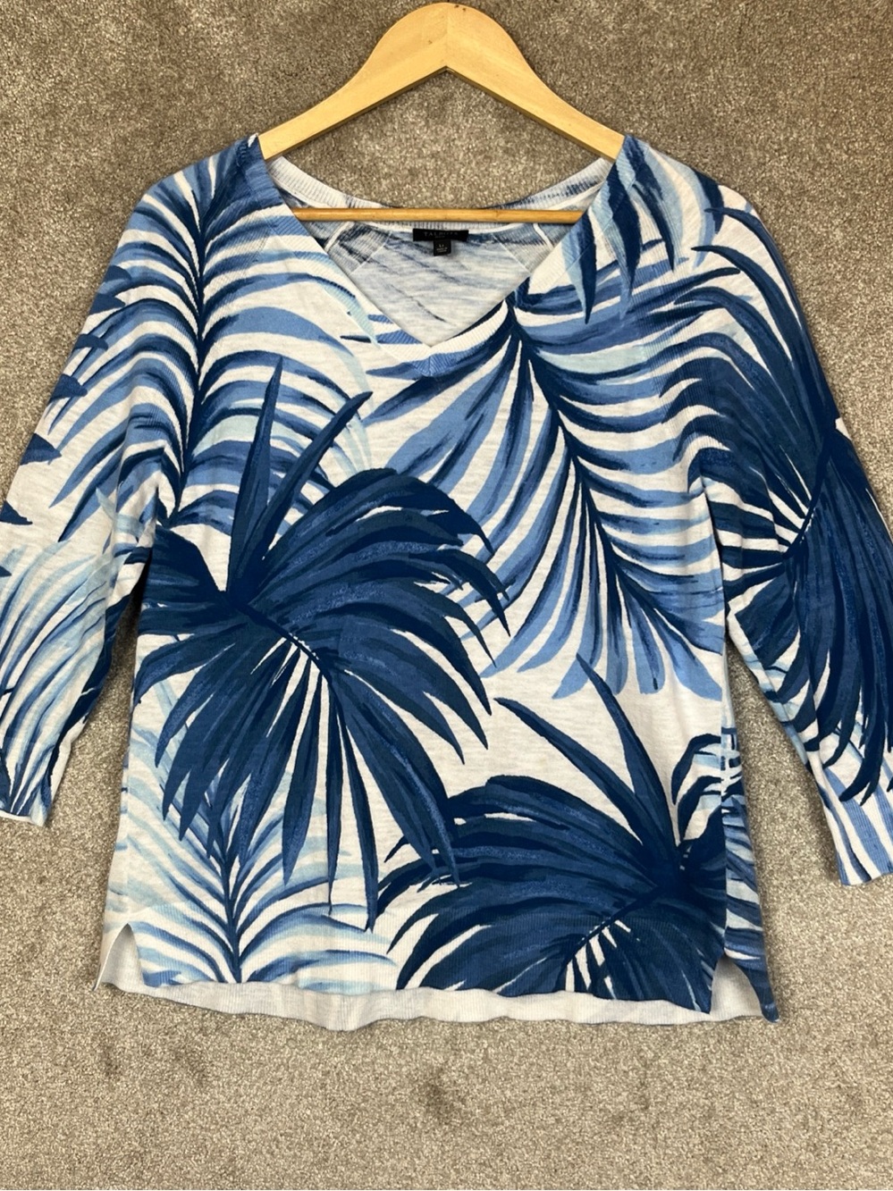 Talbots Sweater Womens Large Petite Blue White Cotton Lightweight V Neck- 5317